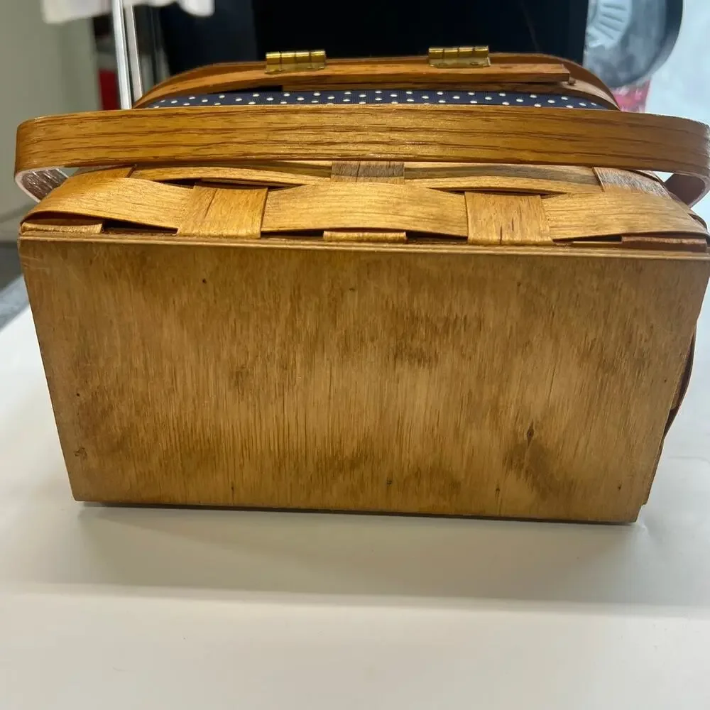Folk Art Hand Painted vintage hand-painted wooden basket purse picnic box ribbon